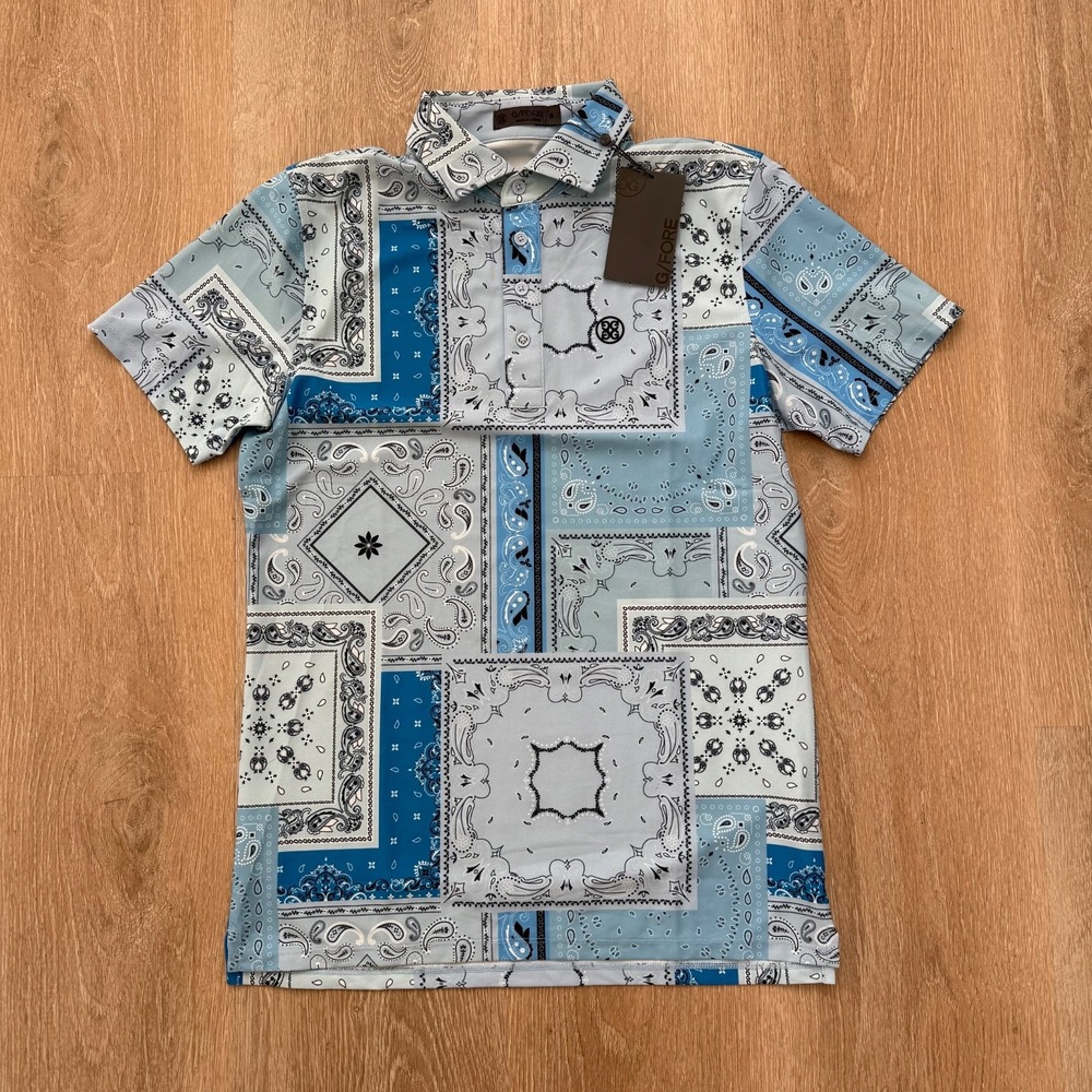 G/FORE Boro Patch Tech Pique All Over Print Golf Polo "Sky"‎ Blue Men's Size S